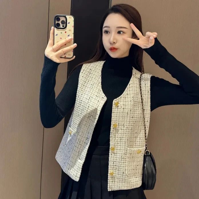 Spring Small Fragrant Style Vest top Women's Fashion Temperament Slim sleeveless Coat Female Single breasted Short Waistcoat