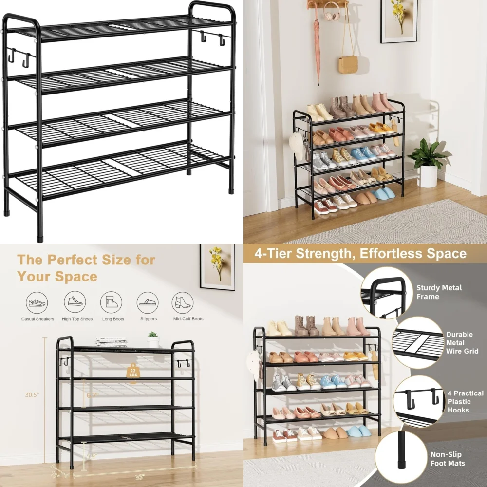 

4 Tier Shoe Rack 33 Inch Wide Metal Shoe Organizer Storage Shelf with 4 Sides Adjustable Heavy Duty Floor Standing Shoe Storage