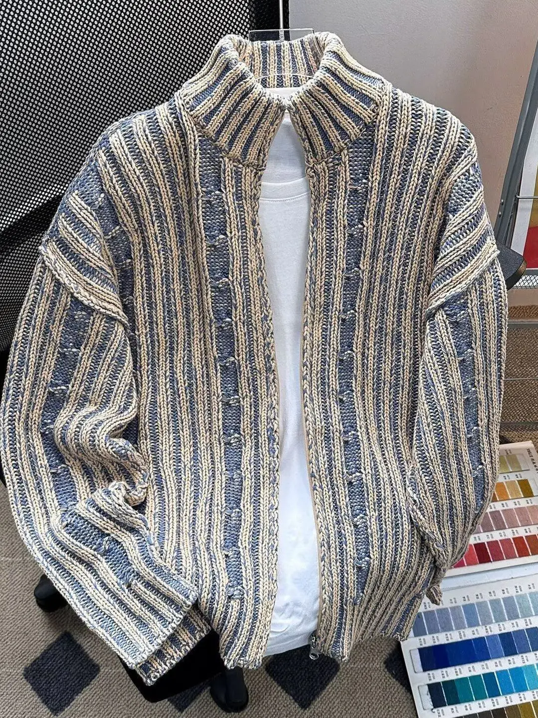 

Высококачественный вязаный кардиган на молнии с воротником-стойкой, теплый, с цветными блоками, для осени-зимы, мужской молодежный свитер