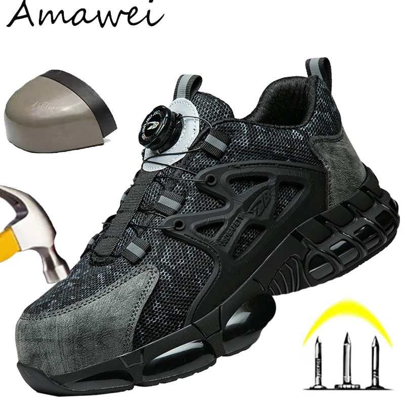 

Защитная обувь с вращающейся кнопкой для мужчин, неразрушаемые нескользящие легкие рабочие туфли со стальным носком и защитой от проколов