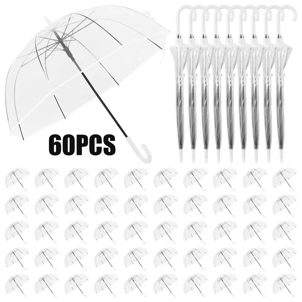 

60 шт. автоматических прозрачных зонтов-куполов с классической ручкой-крючком, 8 спиц, автоматическое открытие, высокая видимость, для свадеб на открытом воздухе