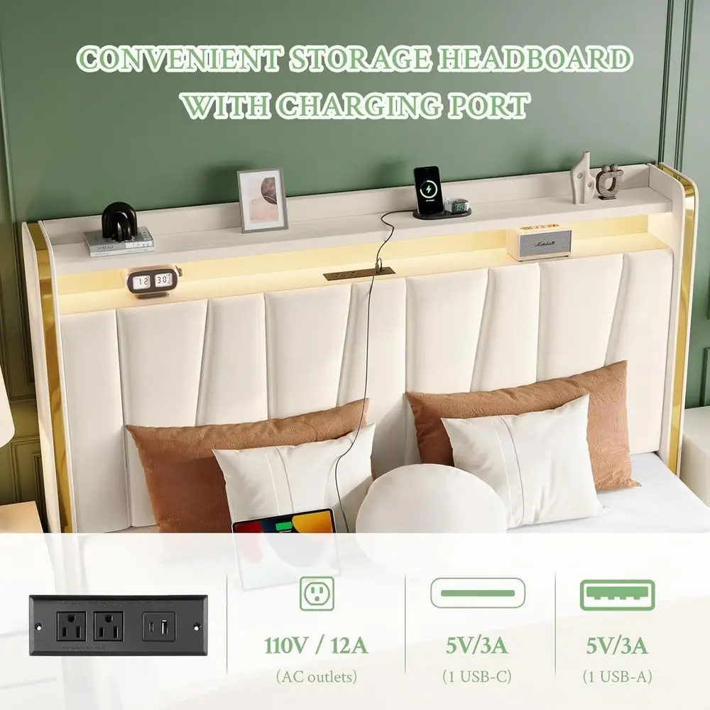 Beige 51 Upholstered Platform Bed with 4 Dustproof Drawers, 2-Tier Storage, Adjustable Panel, Charging Station, LED Lights, Easy