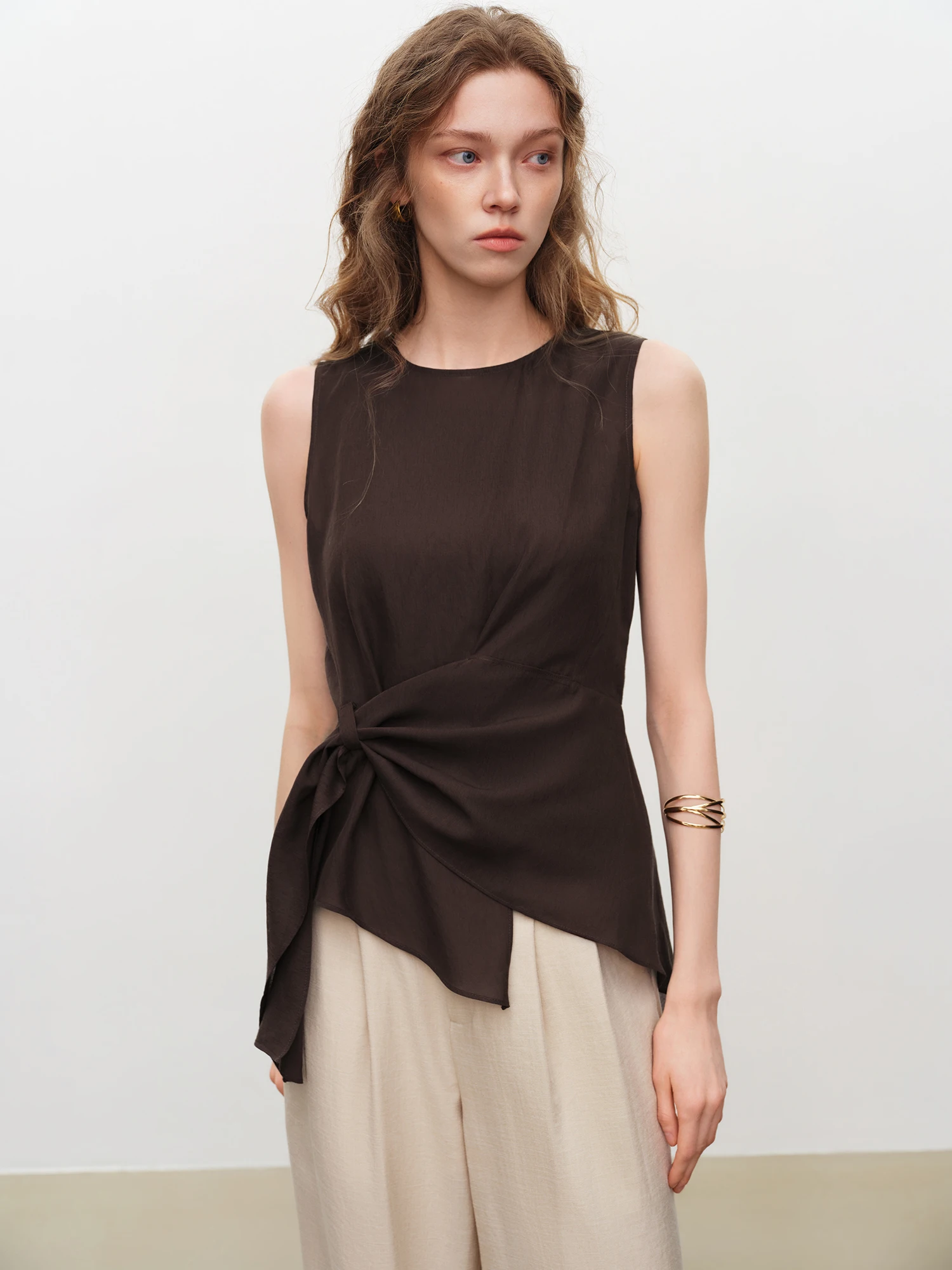 Asymmetric Waist-Cinching Sleeveless Blouse - Old Money Office Top