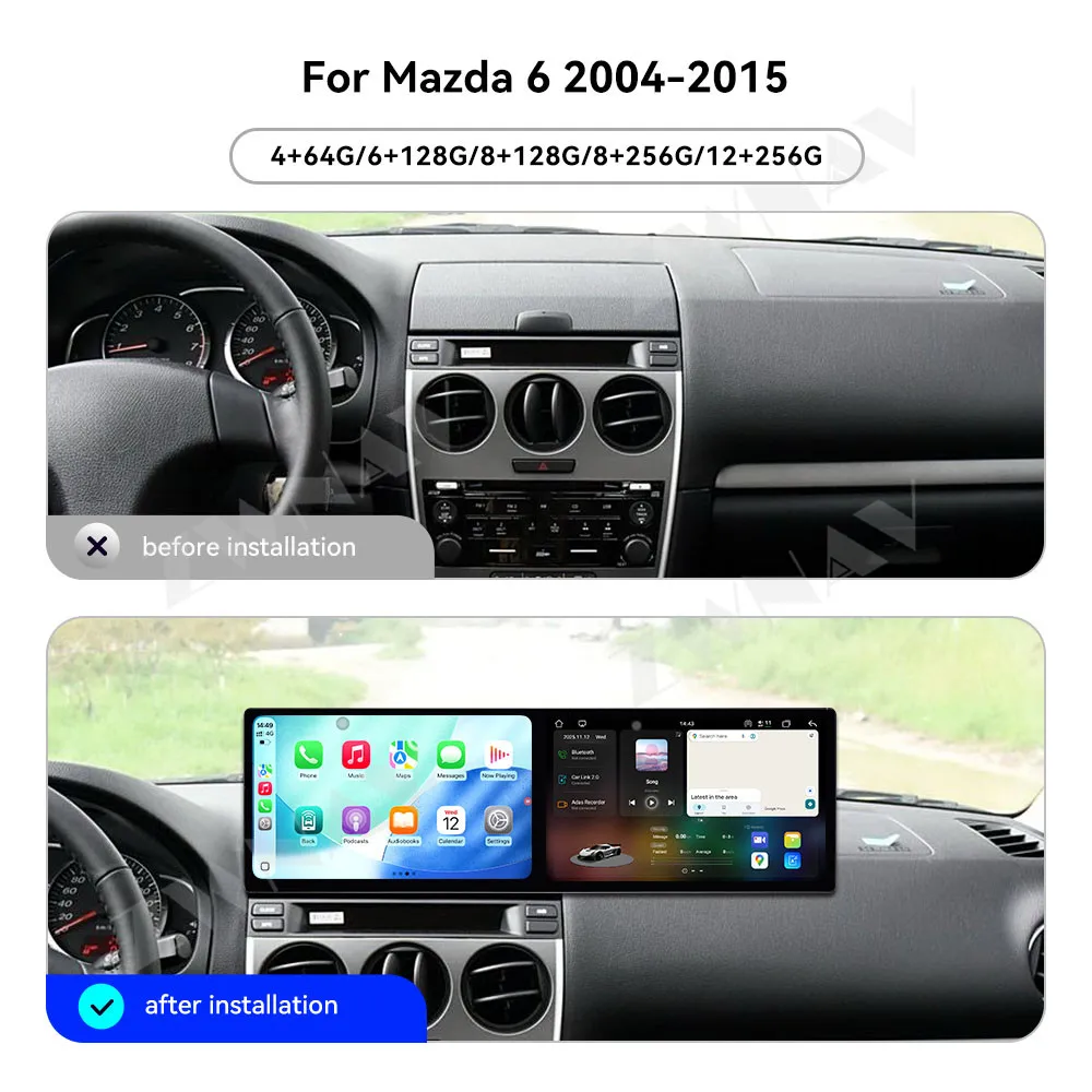 Wireless Carplay Car Radio 10.1+10.1 Inch Touch Screen For Mazda 6 2004-2015 Android 15 GPS Navigation Car Multimedia Player