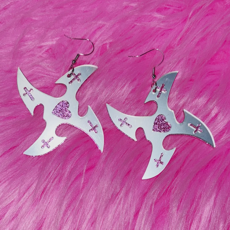Y2K Jewelry Silver Reflective Pink Cross Earrings for Women Punk
