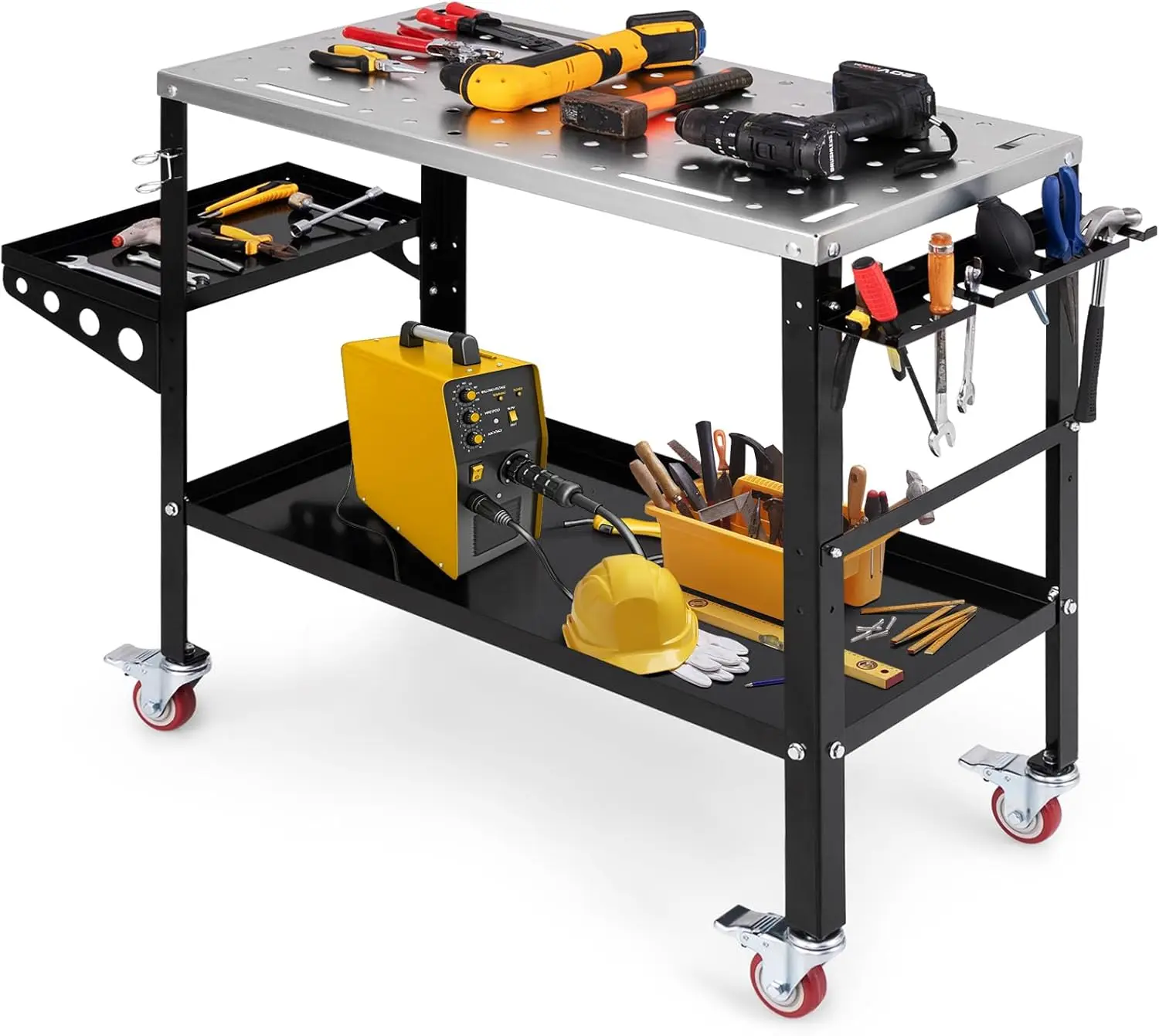 Welding Table, 1200 lbs Welding Workbench Table Top w/4 Lockable Wheels, Tool Rack & Tray, 5/8” Holes, 8 Tool Slots, 2 Nozzle Ho