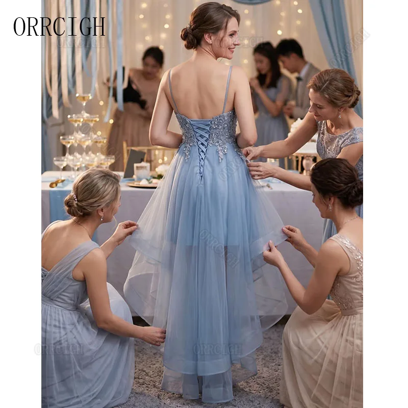 High Low Tulle Prom Dresses for Women with Lace Applique Spaghetti Strap V Neck Formal Evening Cocktail Party Gown Corset Back
