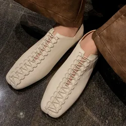 Scarpe slip-on con punta quadrata in pelle di pecora da donna scarpe da ginnastica per quattro stagioni con cinturino incrociato elastico casual espadrillas femminili