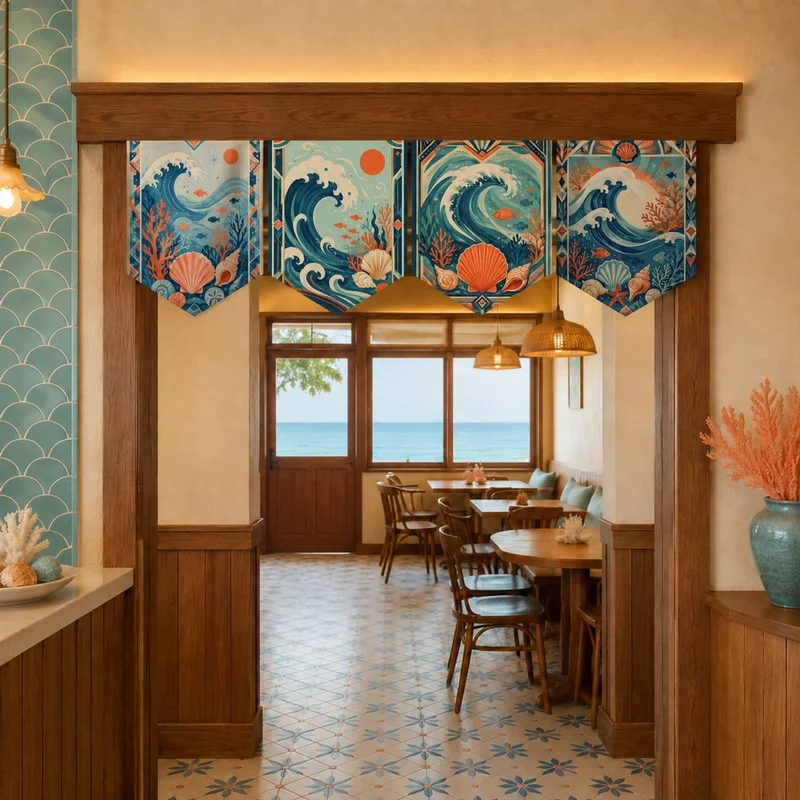 Blue Maneki Neko Lucky Cat Door Curtain Japanese Style Hanging Door Cover Ocean Wave Design for Restaurant Home Entrance Decor