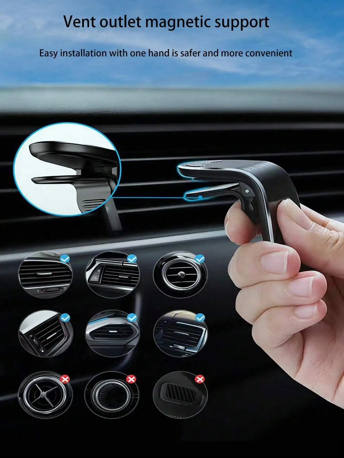 1 Stück schwarze, verbesserte Auto-Entlüftungs-Magnethalterung, Metall-Telefonhalterung, 360 °   Rotation, Navigation