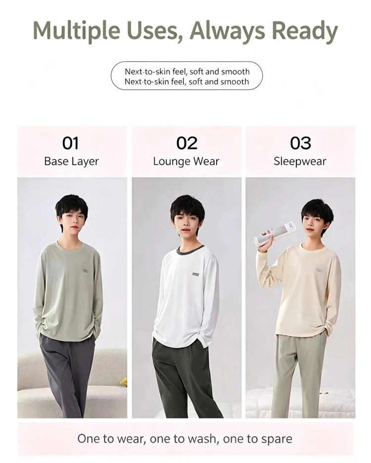 2-teiliges Set Jungen-Loungewear aus reiner Baumwolle, Frühlings- und Herbst-Pyjama für Jungen, bequeme, lockere Passform, lange Ärmel und lange Hose. – Detail 2