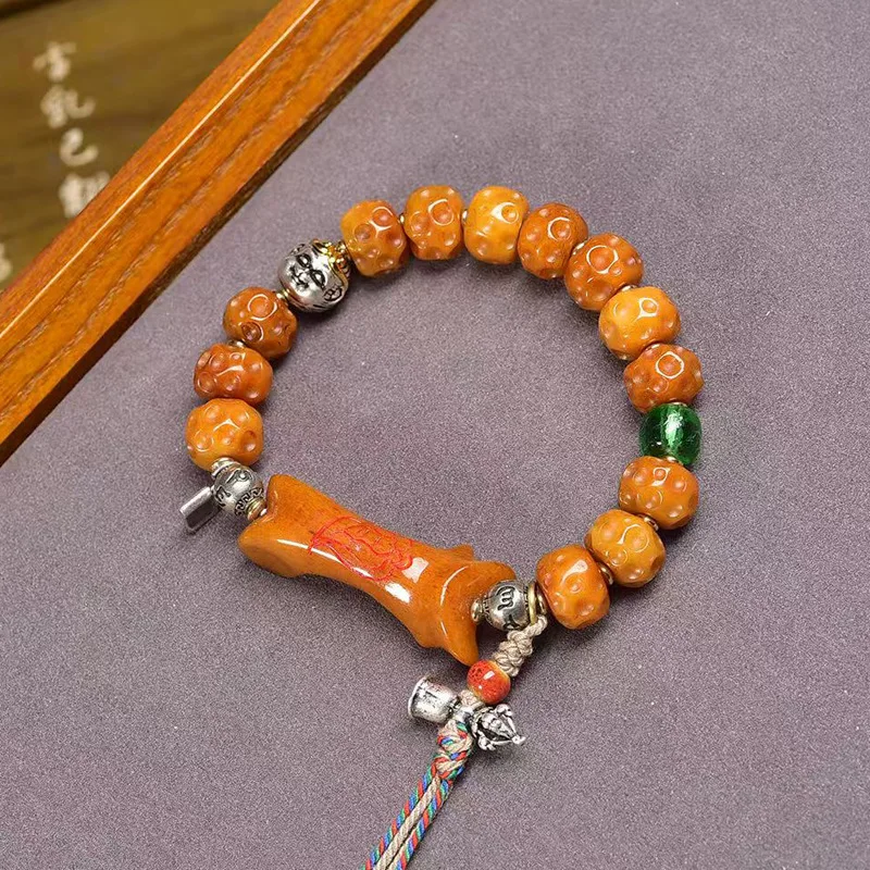 النمط التبتي المستصلح العظام منحوتة حبلا واحدة الفضة مطلي الزجاج الطاووس حجر العقيق البوذية الصلاة حبة سوار #2