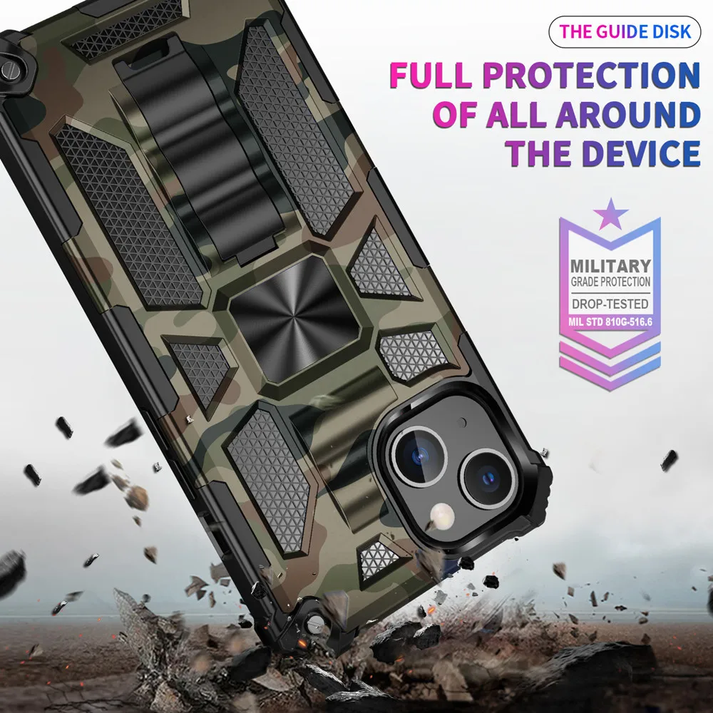 Military Camouflage Armor Shockproof Case For iPhone 11 12 13 14 15 Pro Max Xs XR SE 2022 8 7 Plus Hidden Kickstand Phone Cover