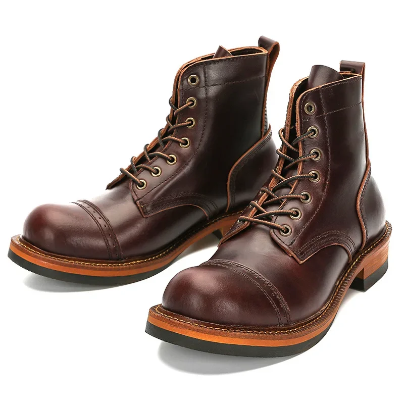 Retro Short Face Men's Winter Wear-resistant Top Layer Cowhide Short Motorcycle Boots