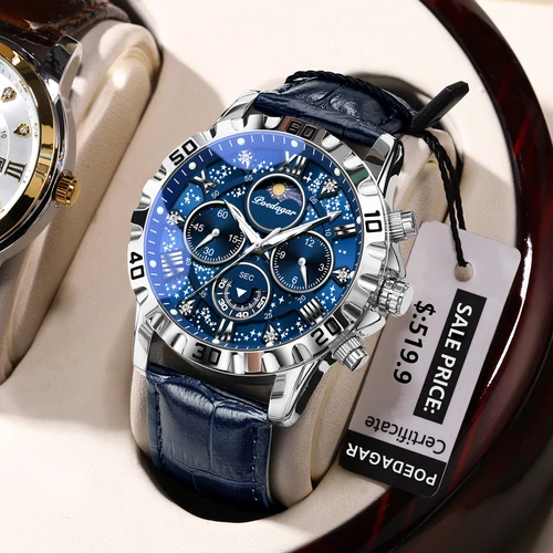 Reloj POEDAGAR de lujo a la moda para hombre, relojes de cuero con cronógrafo luminoso resistente al agua para hombre, reloj de pulsera de cuarzo para deportes al aire libre para hombre