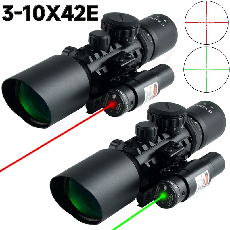 3-10x42E Tactical Sight Red Green Optical Riflescope Illuminated Adjustable Reflex Hunting Scope Cross-Hair Reticle 11/20mm Rail