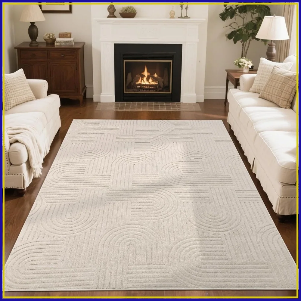 

Soft High-Low Pile Geometric Area Rug 6x9 ft, Non Slip Washable Modern Carpet for Living Room Bedroom Dining Room, Beige