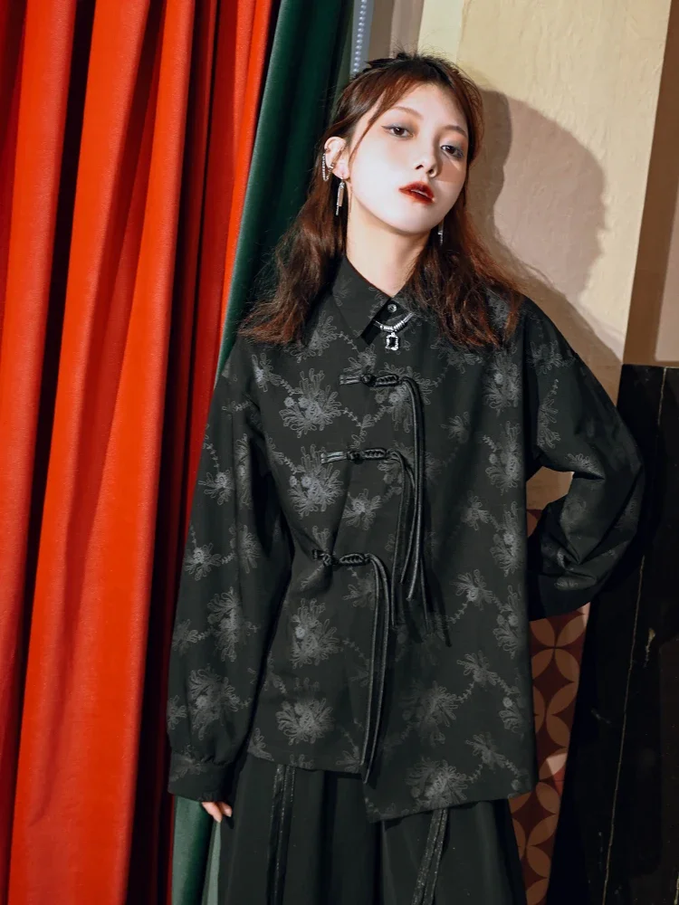 Fashion Vintage Women's Long Sleeve Shirts Vintage Print Black National Style Top Chinese Knot Button Coat Clothes Blusas Ladies