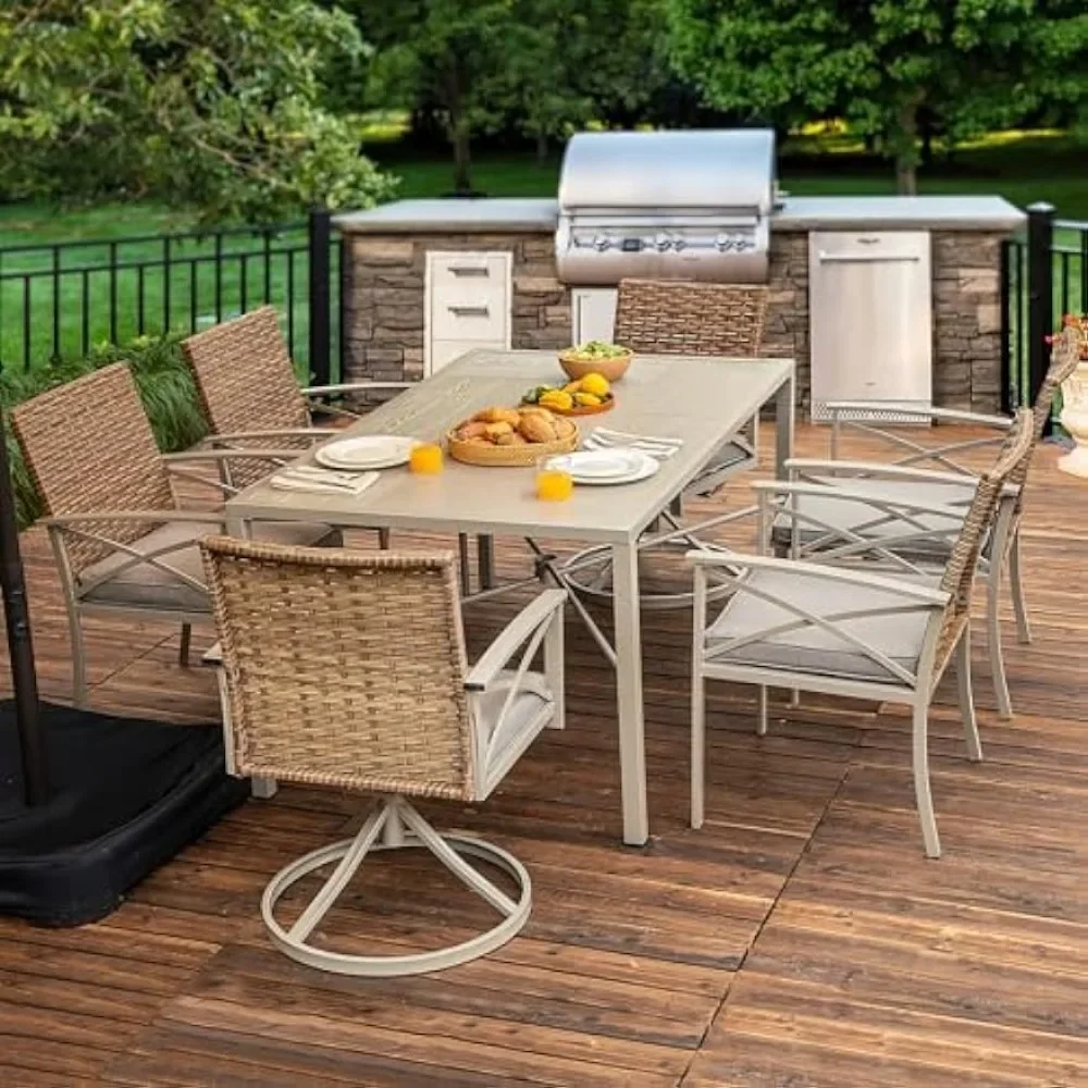 

Outdoor tables and chairs set, Outdoor Wicker Conversation Furniture, Soft Gray Cushions and Imitation Wood Grain Dining Table