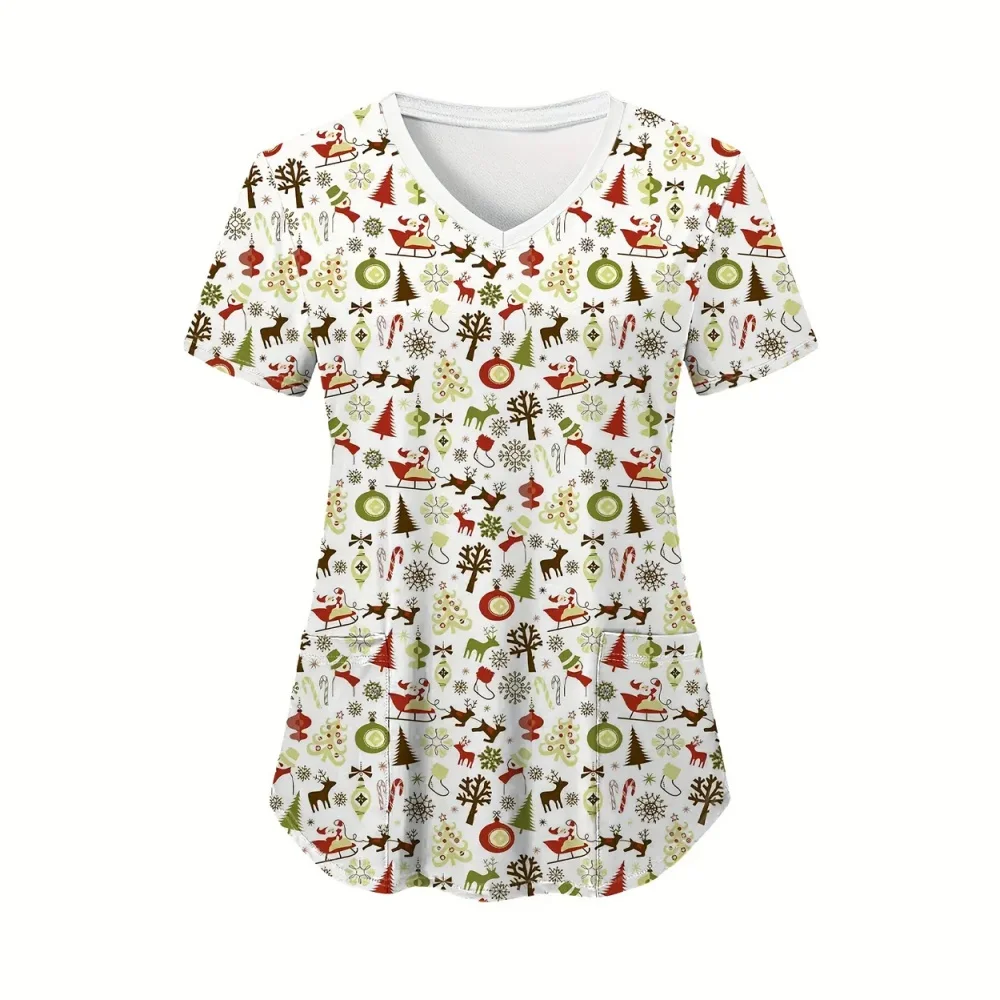 Christmas Clinical Uniform Woman Fashion Cartoon Print Microelastic V-Neck Spa Nurse Casual Short Sleeve Dental Medical Uniform