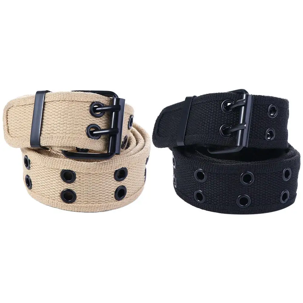 Adjustable Double Breasted Hollow For Women Metal Buckle Korean Waist Strap Double Grommet Hole Canvas Waist Belt Man Waistband