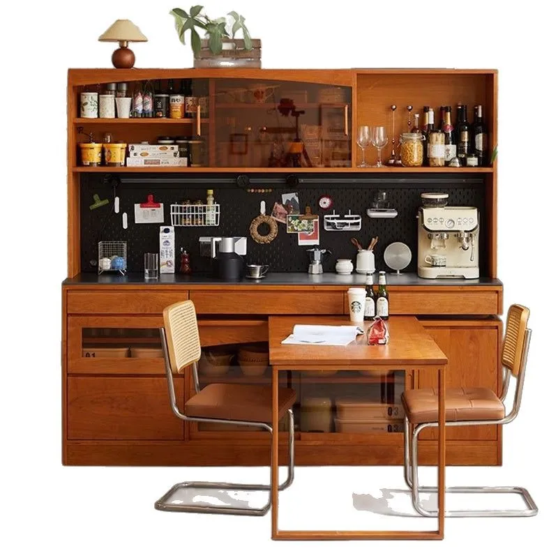 

Cherry wood solid wood rotating dining table side cabinet Chinese integrated dining room storage against the wall