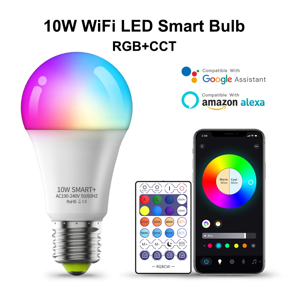 10W WiFi Smart Light Bulb E27 LED RGB Lamp Work with Alexa/Google Home 85-265V RGB+White Dimmable Timer Function color Bulb