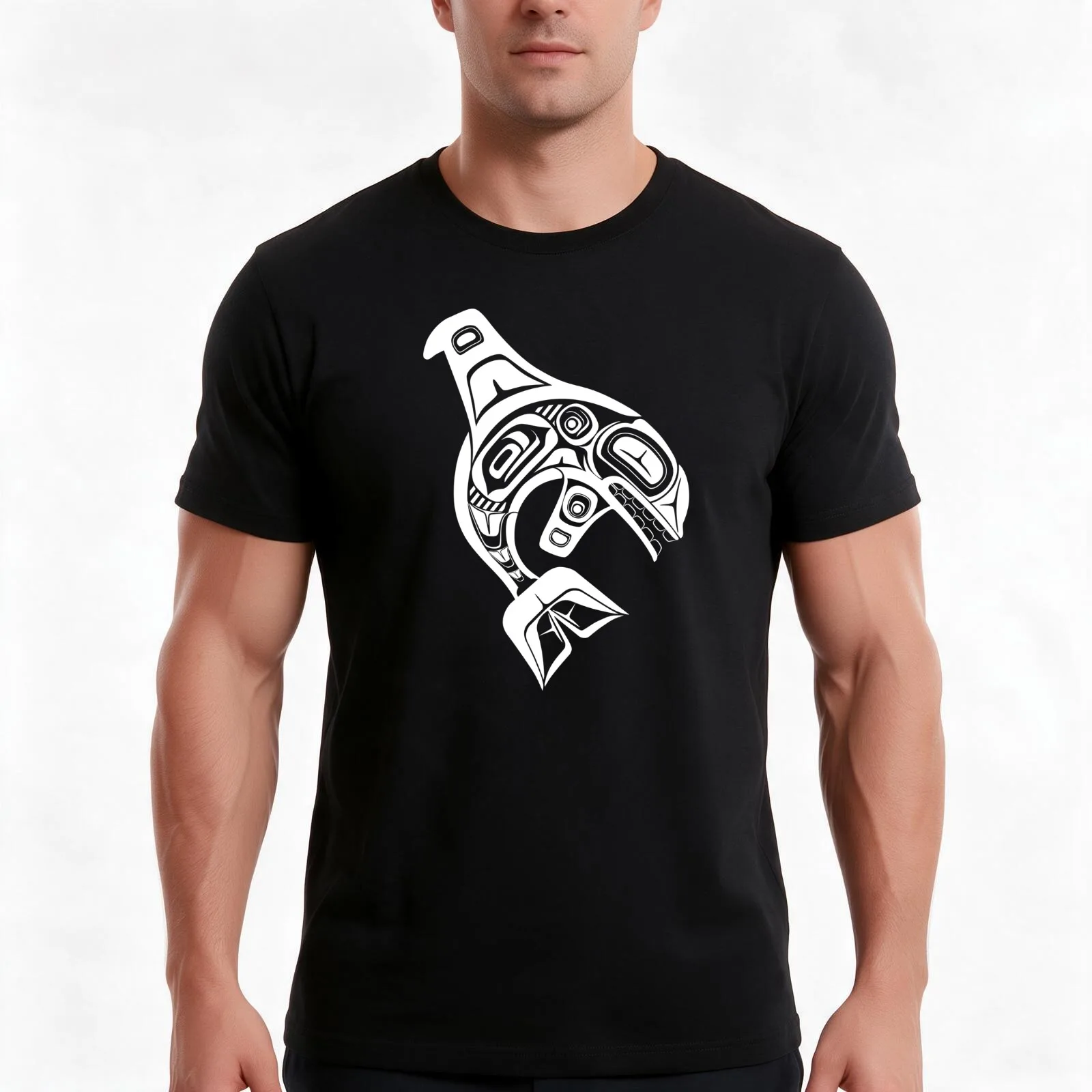 White Orca native formline design T-Shirt, Summer Casual Cotton Tee, Oversized Streetwear Tops, Vintage Graphic Print