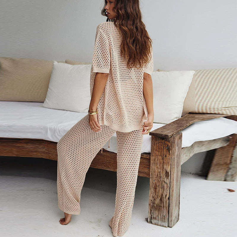 Summer Vacation Set for Women Short Sleeved Knitted Cardigan+High Waisted Wide Leg Pants Hollow Out Casual Sexy 2-Piece Set
