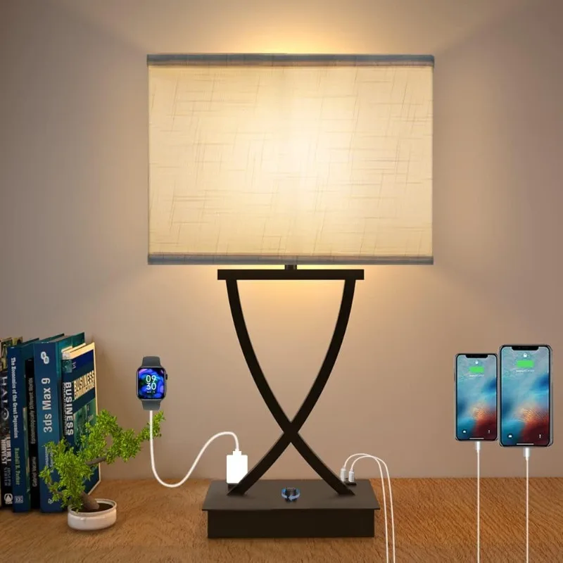 Dimmable Table Lamp for Bedroom with Type C/USB Charging Port and 1 AC Outlet White Linen Shade 21.38