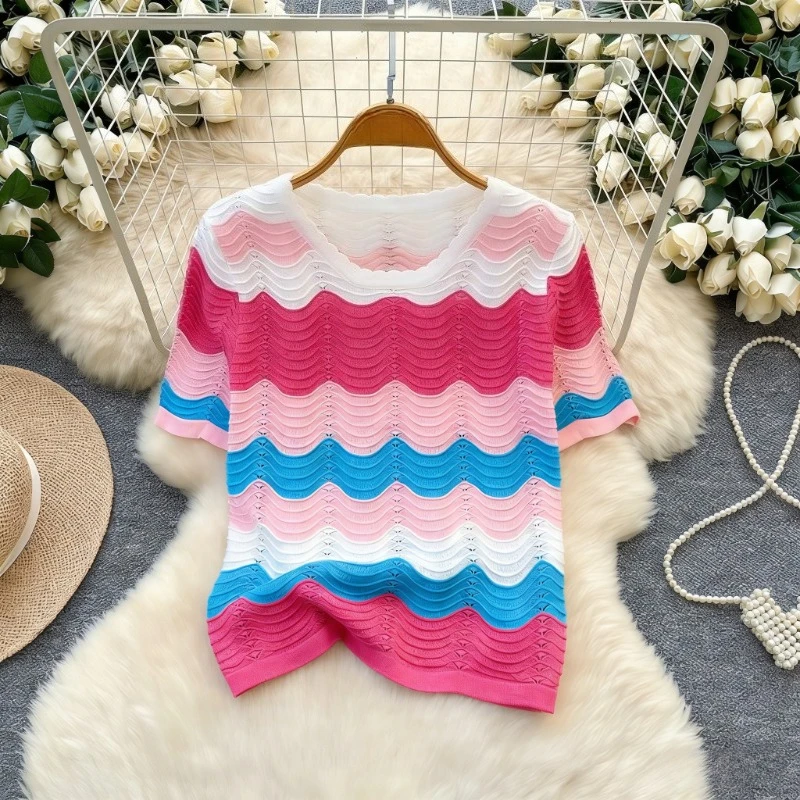 Women's Casual Boho Summer Sweater Multicolor Wavy Stripe Crew Neck...