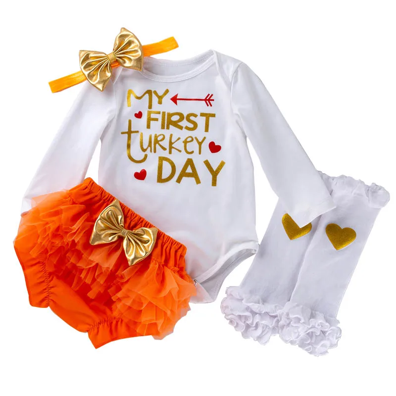 

Thanksgiving Costume Baby Girl My First Turkey Day Outfit Newborn Bodysuit+Leg Warmer+Shorts+Headband Sets 1 2Y Winter Clothing