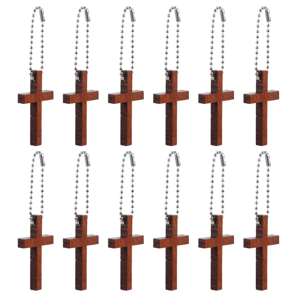 

12pcs Wooden Cross Keychains Brown Small Religious Hanging Charms Decorative Pendant for Necklace Bag Jewelry Crafts Travel