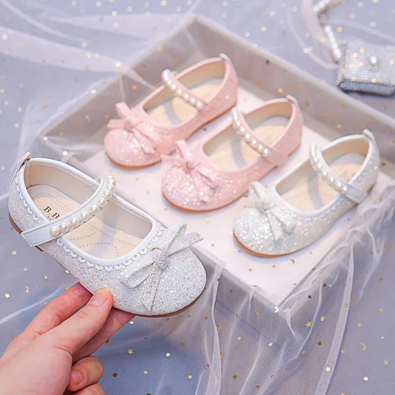 Girls Pearls Princess Shoes 2023 Spring New Children's Fashionable Rhinestones Kids Leather Shoes Crystal Shoes Flats Shiny Chic