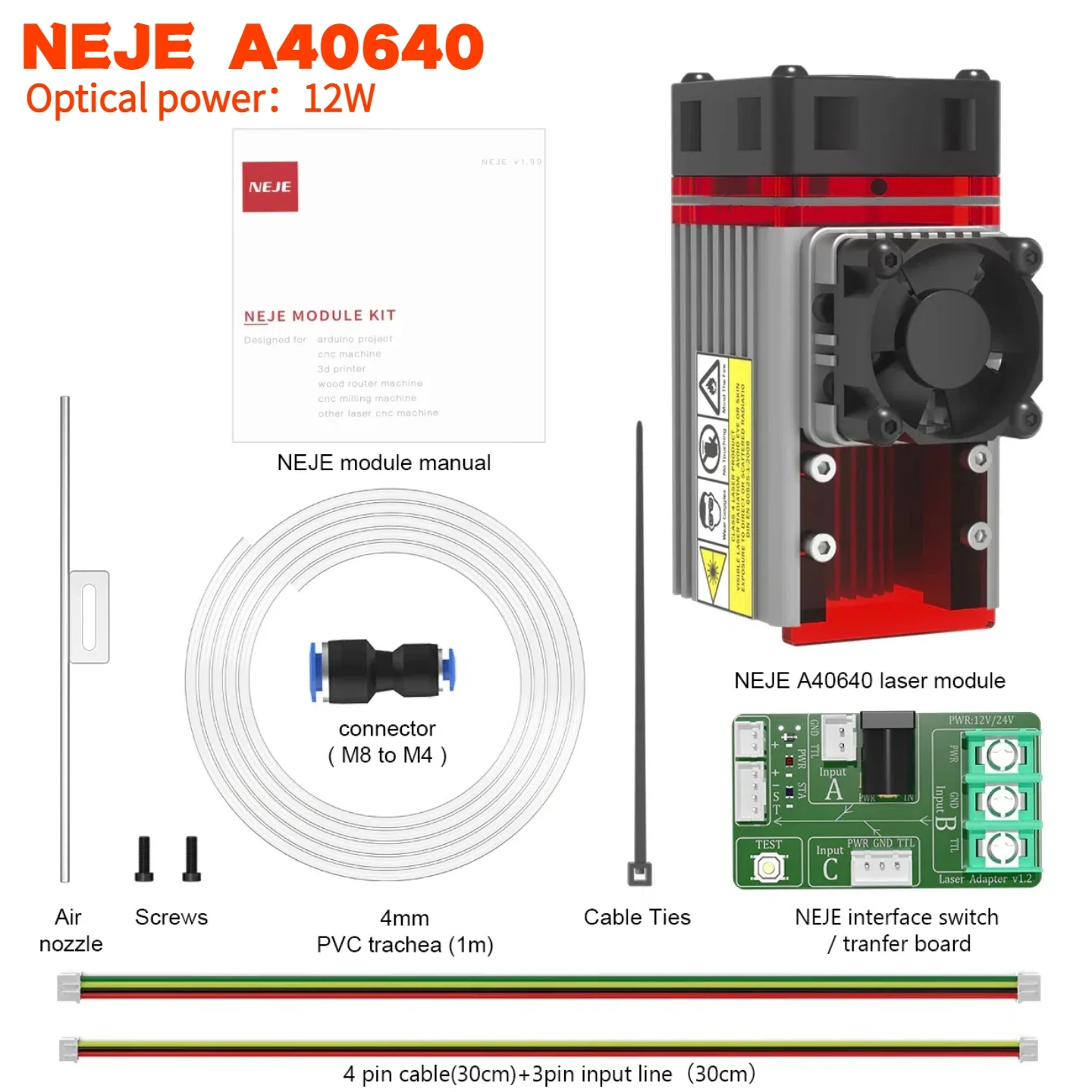 Neje n30820/e30/e40/a40630/a40640 módulo laser de alta potência 0.5-24w com ferramenta de corte de precisão para escultura em madeira profissional