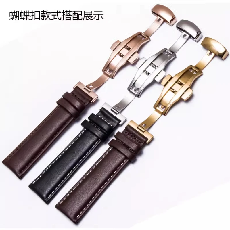 Smooth Genuine Calfskin Leather Watchband 18mm 19mm 20mm 21mm 22mm 23 Soft Straps Automatic Butterfly Buckle Business Watch Band