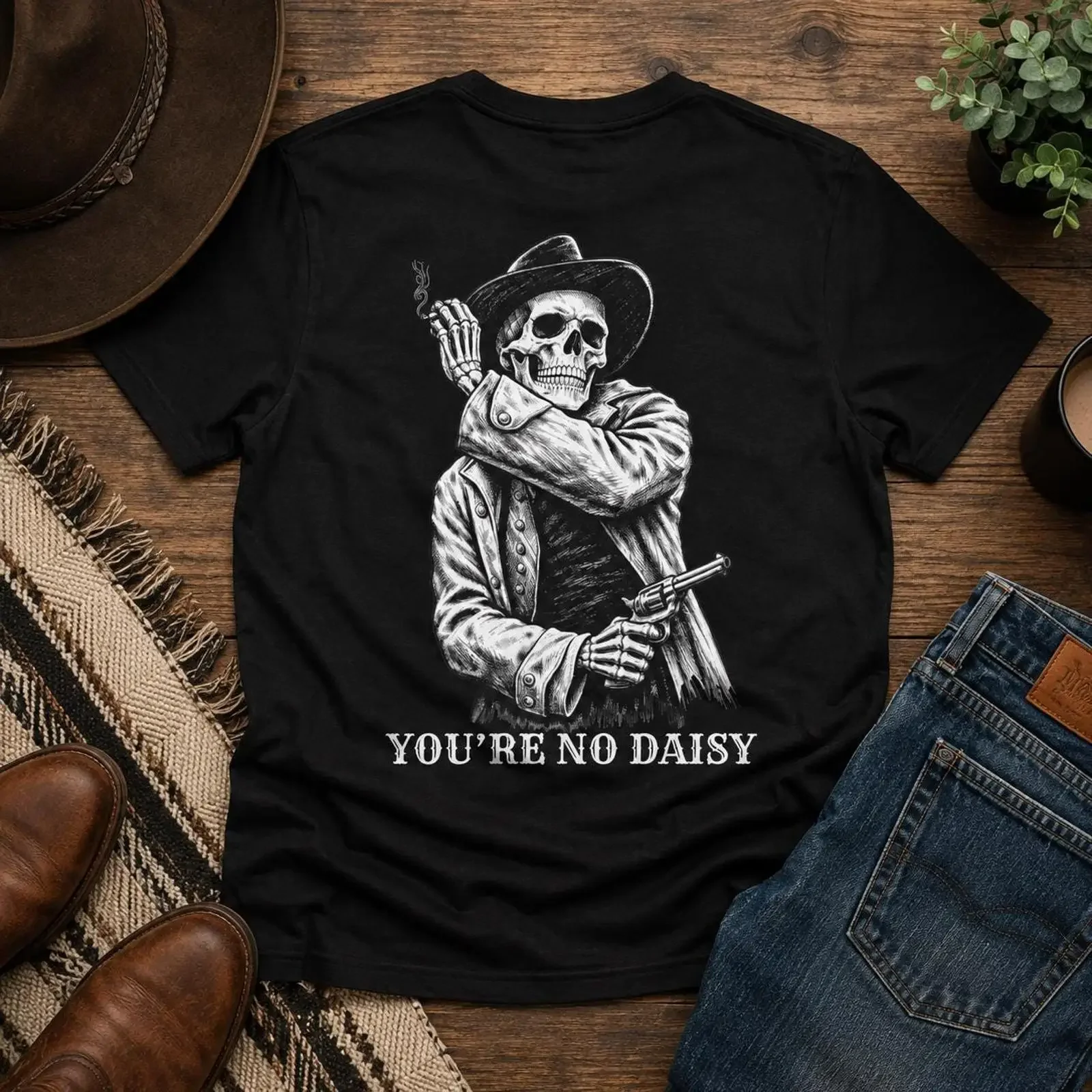 Skull Cowboy 'You're No Daisy' T Shirt Tombstone Arizona Halloween Western Movie vintage Washed Slightly fashion Stretched