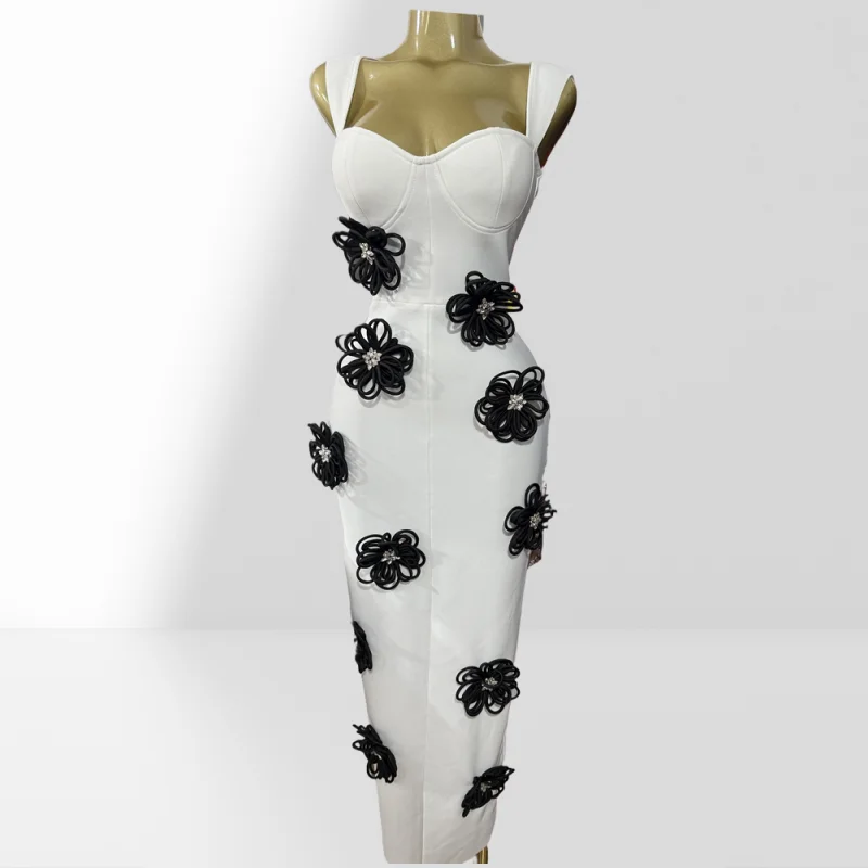 

New Black Flowers Shining Diamonds Sexy V-Neck White Bandage Dress Woman Birthday Party Dress Wedding Party Outfit