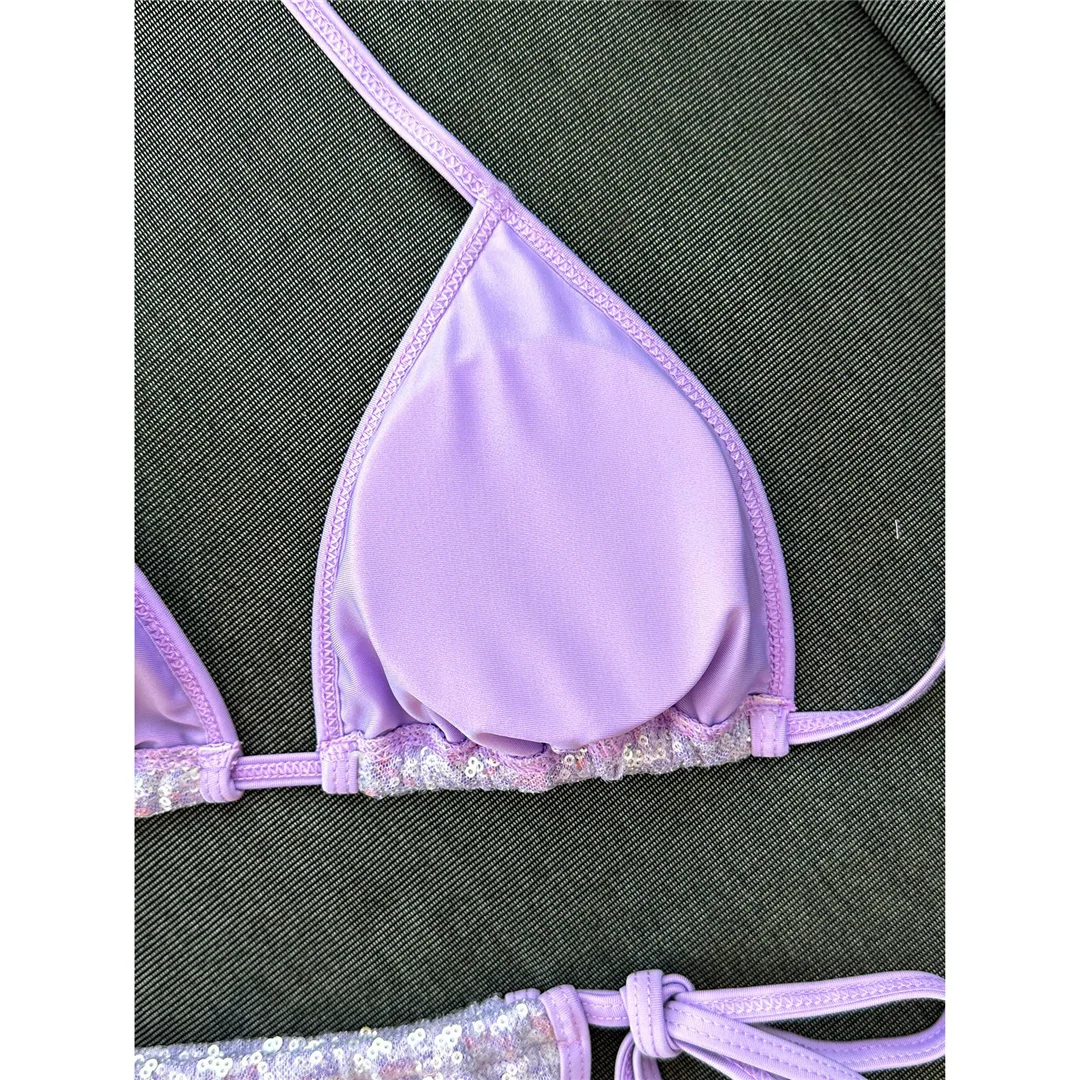 Pailletten-Bikini mit Neckholder, Damen-Badeanzug, zweiteiliges Bikini-Set, hoch geschnittene Beine, gepolsterter Badeanzug, Badebekleidung, Modell V8302. – Detail 5