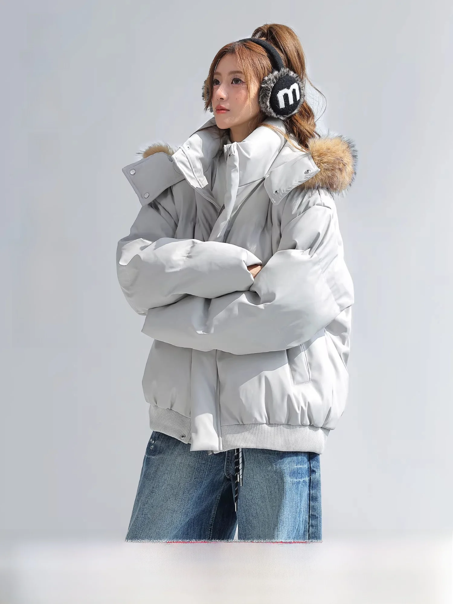 

CHANT2nd Women's Thiened Winter Coat Hooded PU Leather Surface Cotton Jaet with Fur Collar Bread Sle Simple Faion