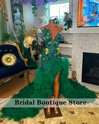 Sparkly Emerald Green Mermaid Prom Dress Beading Diamonds Crystal Elegant Senior Birthday Party Dress 2024 Ruffles Tiered