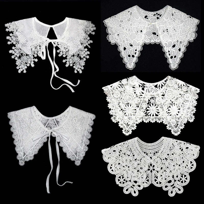 Moda Vintage Palace Style Doll cuello falso ahuecado Crochet Lace media camisa chal con pajarita de perlas de imitación para mujer