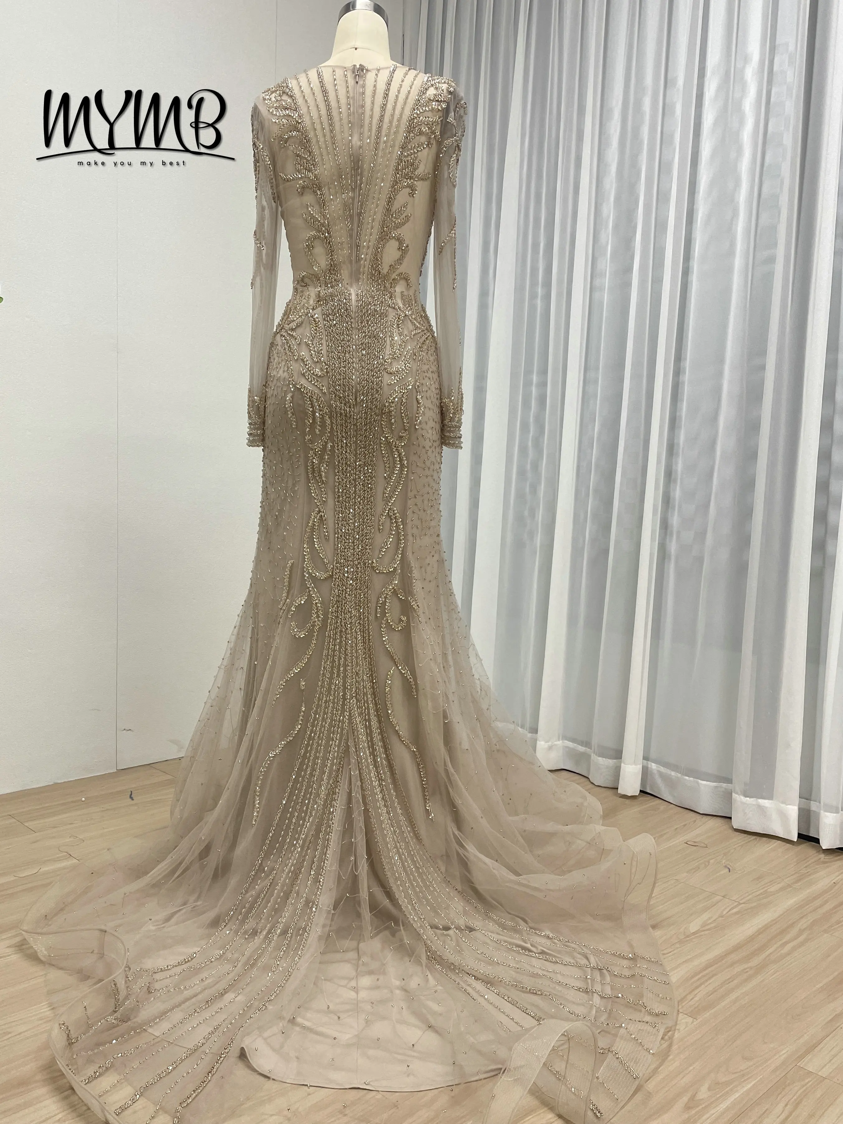 MYMB Hot Sale Exquisite Caramel Elegant Luxury Sexy See Through Beaded Embroidery Long Sleeve Vintage Evening Dresses DSL62101-2