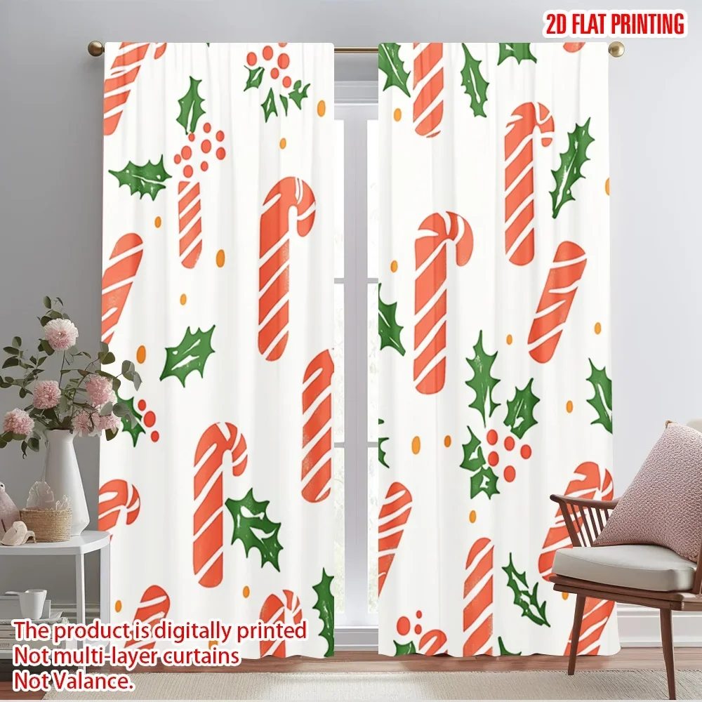 2pcs,2D plane printing Window Curtain Candy Cane Berries Stripes (2) Polyester Fabric (without rod) All Seasons Perfect for
