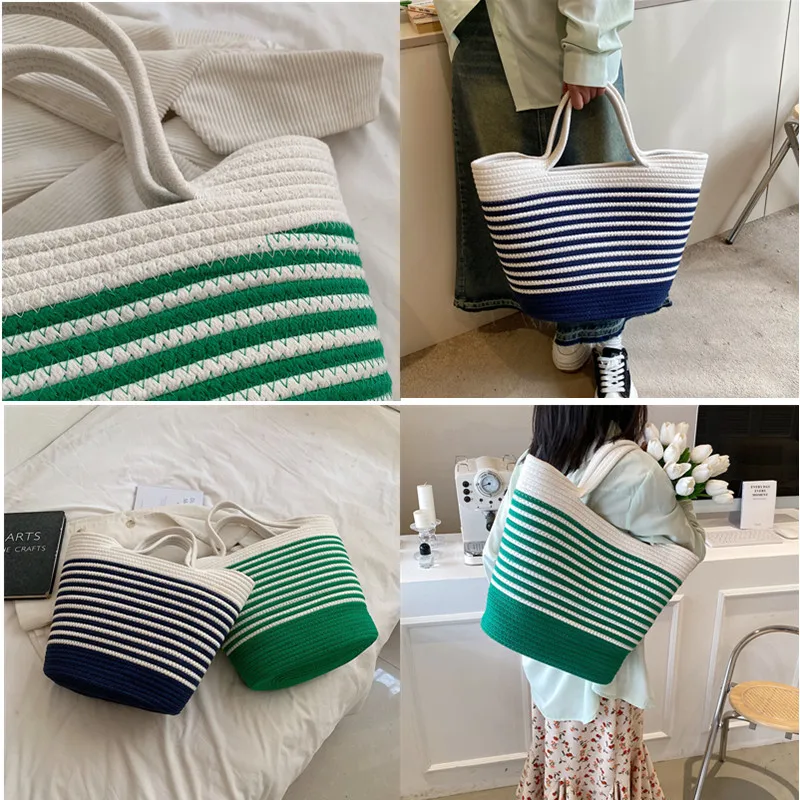 New Cotton Woven handbag for Women Handmade Cotton Ladies  Large Capacity Shopper Bag Summer Braid Beach bag Female Travel Tote