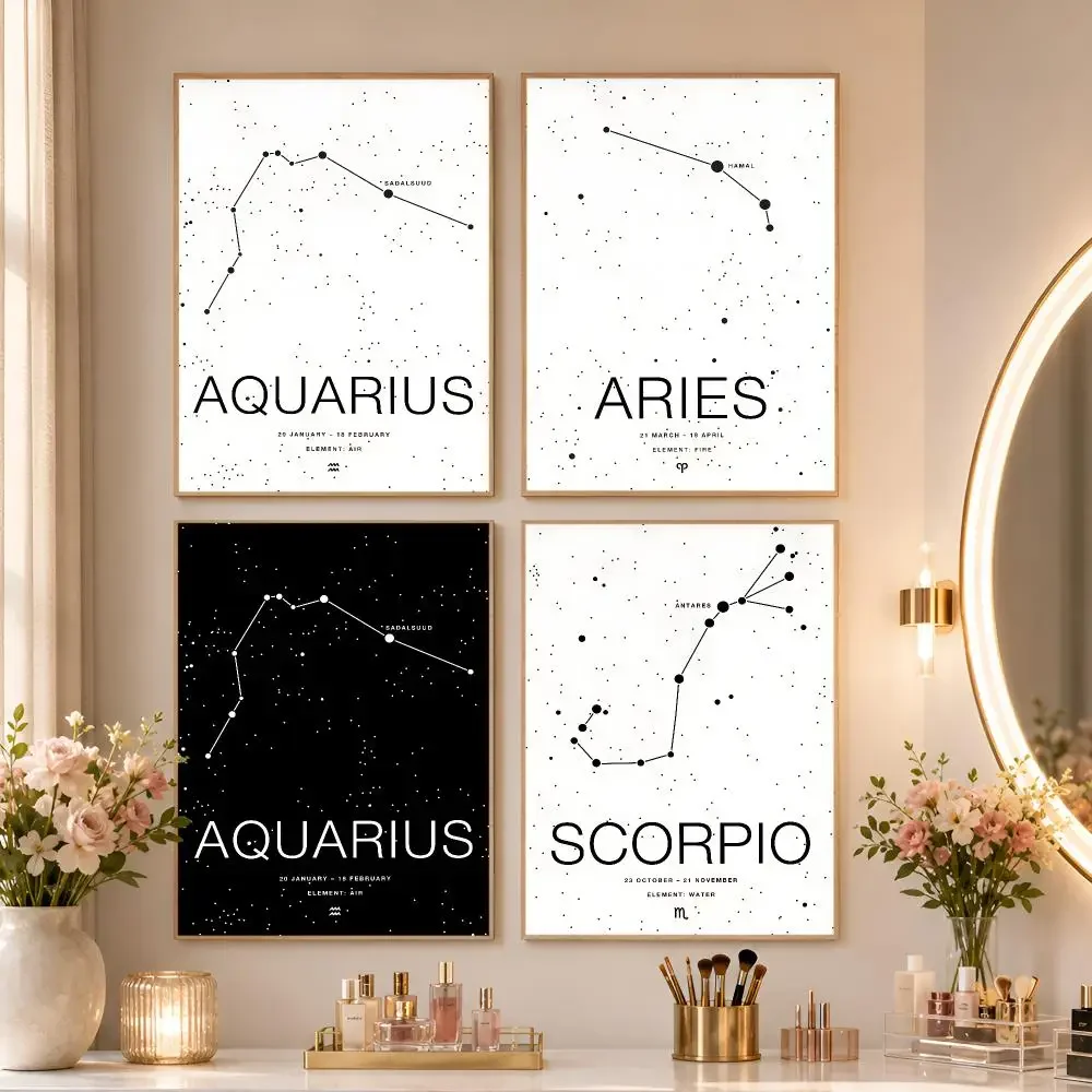 Zodiac Minimalist Aries Cancer Libra Aquarius Sign Black White Poster Matte Wall Art Print Living Room Bedroom Home Wall Decor
