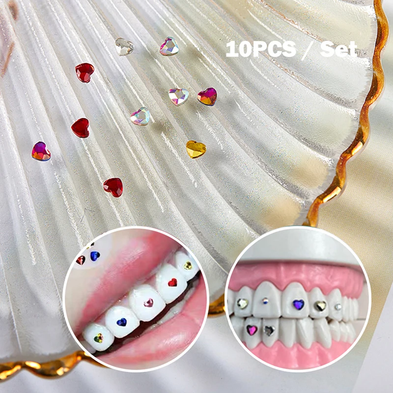 10pc Dental Tooth Gems Crystal Diamond Ornament Heart Shapes Multi Color Teeth Jewelry Denture Acrylic Teeth Decoration Material