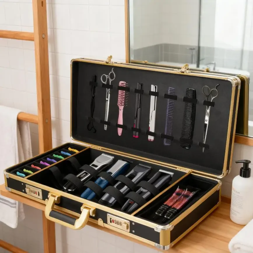 

Portable Barber Tool Box with Lock Travel Storage Organizer for Hair Clippers Scissors Styling Accessories Salon Home Barber Use