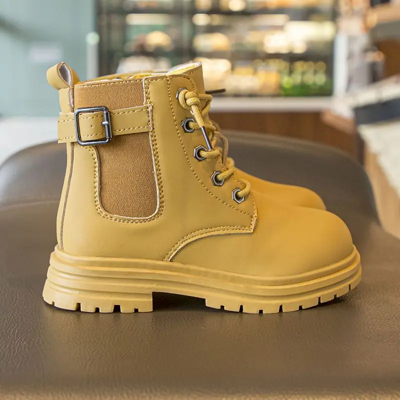 Children's British Style Boots 2026 Autumn Winter Big Kids Soft Sole Short Boots for Boys Girls Vintage Yellow Casual Footwear