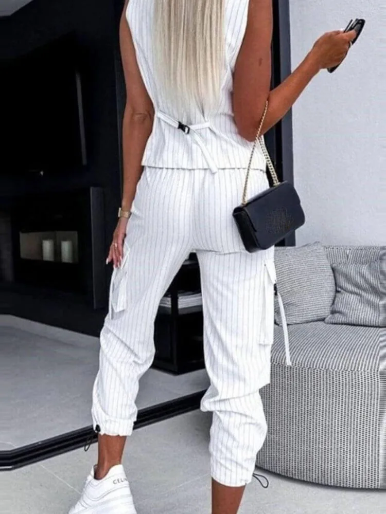 Fashion Casual Striped Printed Vest Suit For Women New Summer  V-neck Button Top Pocket Loose Pants Outfits Two-piece Suit Women